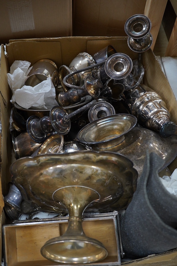 A quantity of assorted plated wares to include candelabra, wine coolers and pedestal dishes. Condition - varies, mostly fair